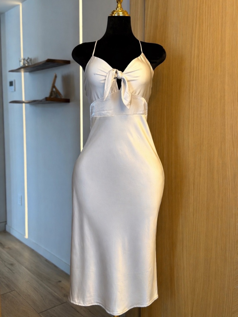 White Fox Champagne Ivory White Satin Midi Dress | Minimal Luxe Muse
